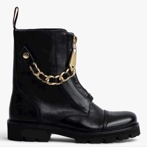 Zadig & Voltaire Joe Cecilia Smooth Leather Combat Boots Gold Chain Logo $598 37